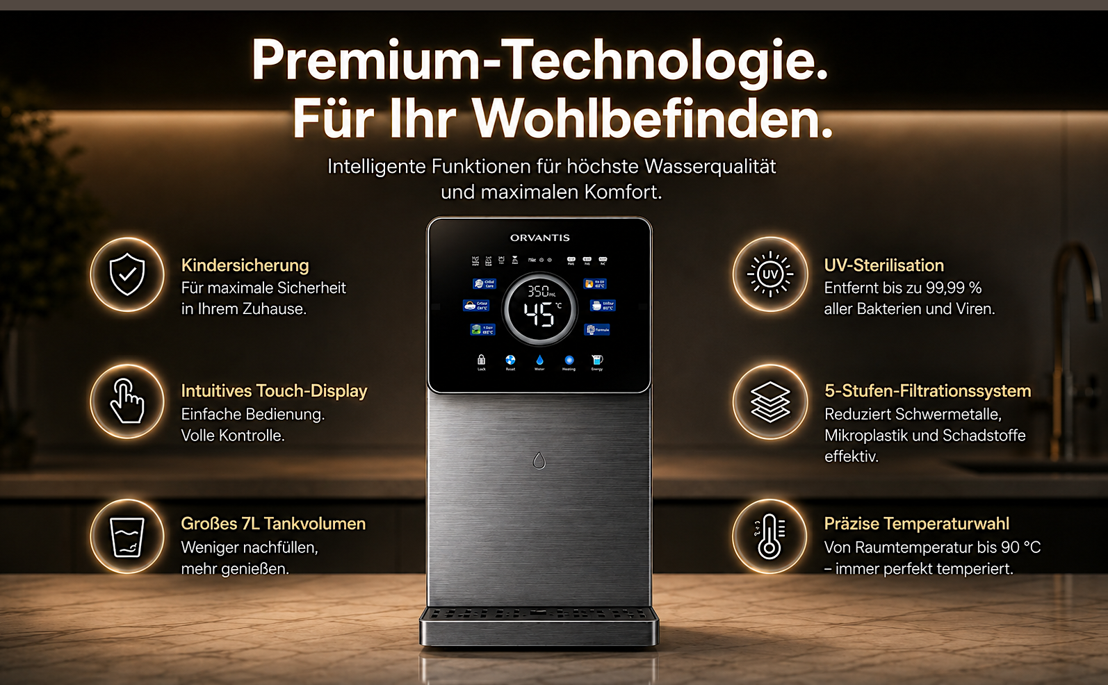 Premium-Technologie - Kindersicherung, Touch-Display, UV-Sterilisation, 5-Stufen-Filtration